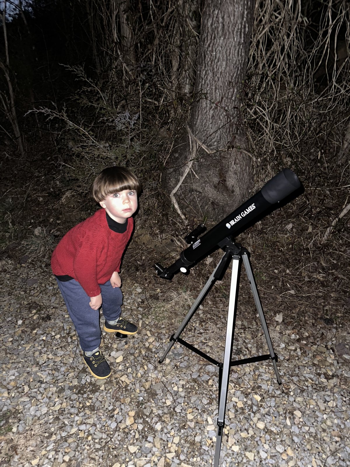 A child using a starter telescope for a space themed bedroom